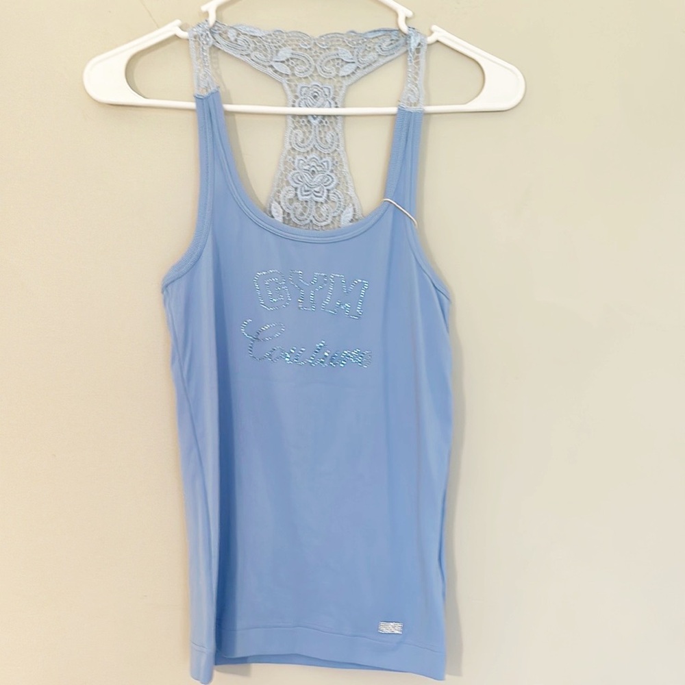 NWT $360 VDP Club Gym Couture Blue Lace Ribbed Embellished tank women size Small